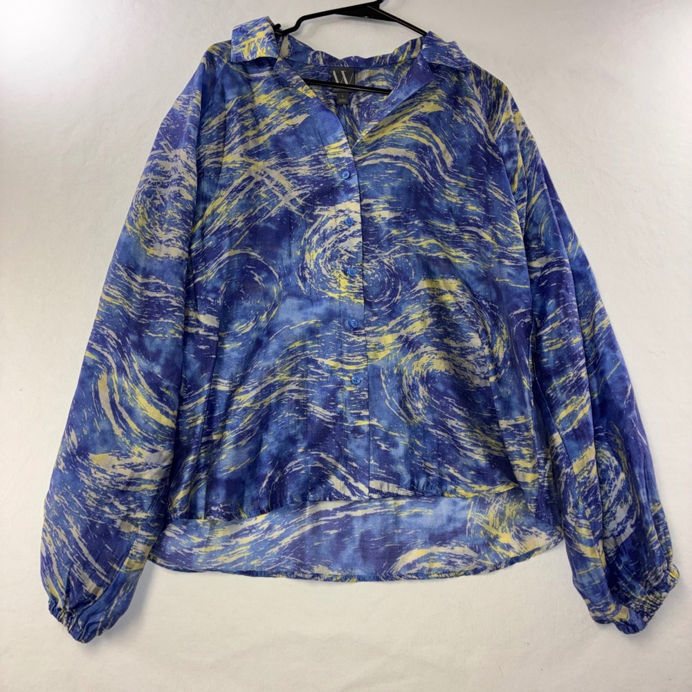555 Artistic Worthington Swirl Print Blouse Large Blue Impressionist Button Up